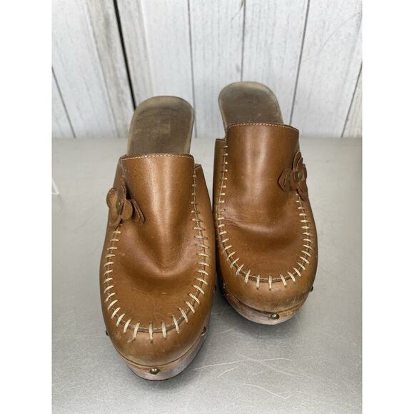Vintage Y2K Xhilaration Brown Leather Flower Wood Chunky Clog Sandal Size 7.5 - Picture 2 of 5